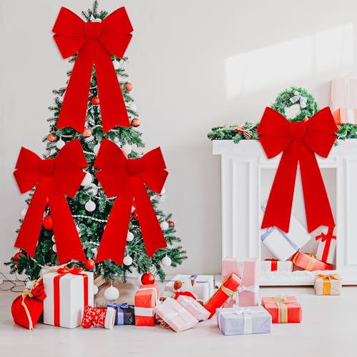 Heartome 12-Pack Red Velvet Xmas Bows, 12 x 18 in Outdoor/Indoor Glitter PVC for Doors, Fireplaces, Railings
