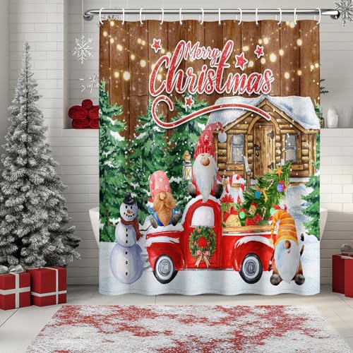 DASHAN Christmas Gnomes Shower Curtain 72x72 Red/Brown — Waterproof Farmhouse Xmas Decor