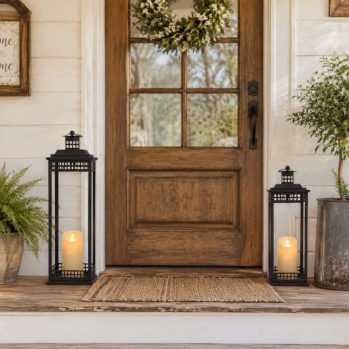 Large Lanterns Decorative Indoor 23in & 17in Black Floor Lanterns with Candles – 2 Pcs