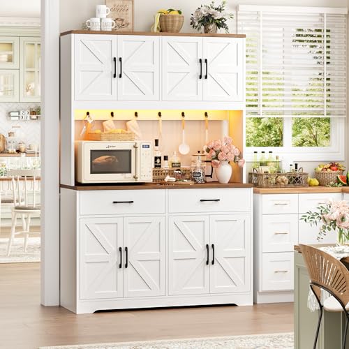 71" Tall Farmhouse Pantry Cabinet with Charging Station & LED Lights