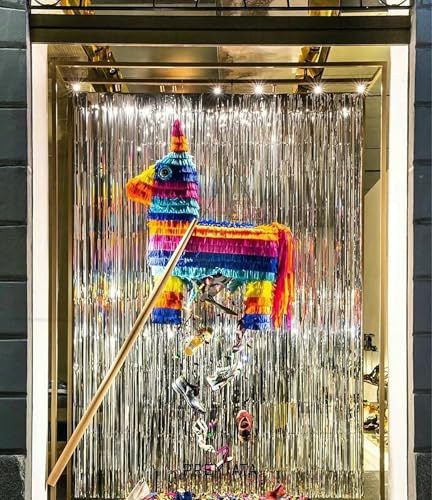 GOER Silver 3.2ft x 8.2ft Metallic Foil Fringe Curtain Party Backdrop - 1 Pack