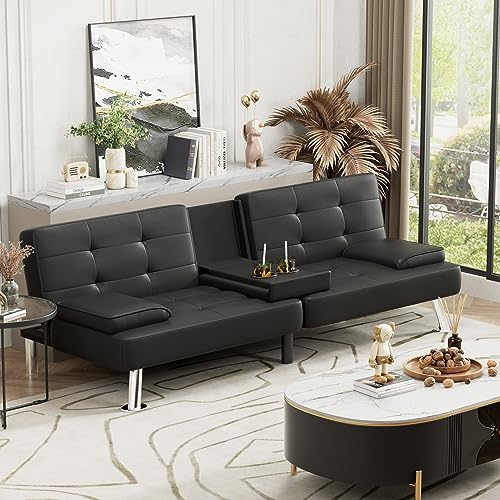 Modern Faux Leather Futon Sofa Bed with Adjustable Backrest and Cup Holders