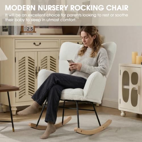 Teddy Upholstered Nursery Rocking Chair with Cushion & Wood Legs - Ivory