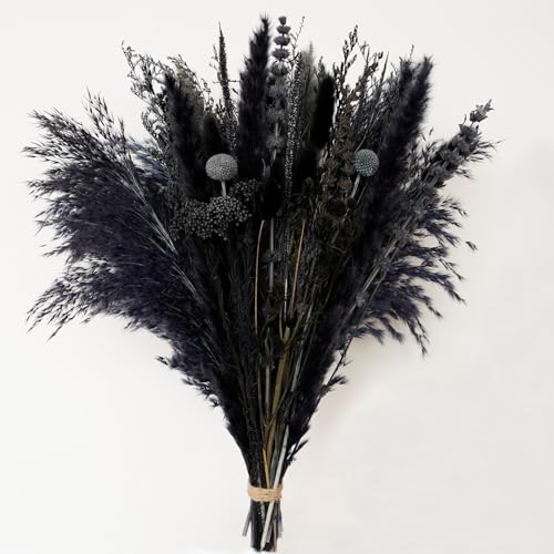 17-Inch Natural Dried Pampas Grass Bouquet - Black & Grey Boho Floral Decor