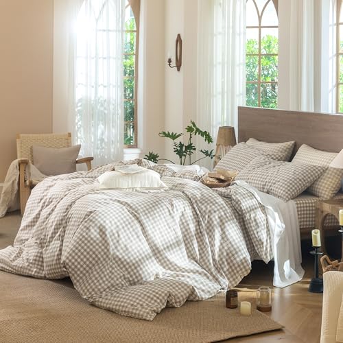 100% Washed Cotton Gingham Duvet Cover Set - Soft Linen-Like Bedding