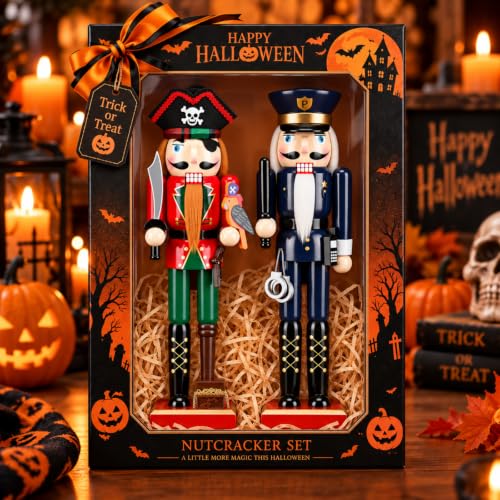 Pinkunn 2-Pack 15'' Halloween Pirate & Police Nutcracker Decorations