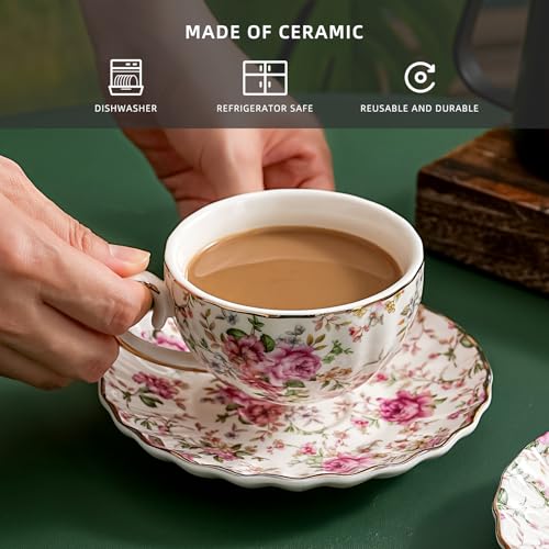 Agyiuns White Floral Tea Cups & Saucers Set - 6.4oz Porcelain Gold Trim, Elegant Gift