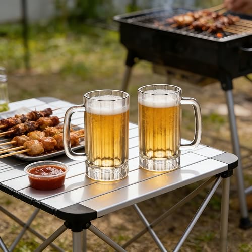 Set of 2 Durable Acrylic Beer Mugs with Handles, 16oz Reusable Beer Steins