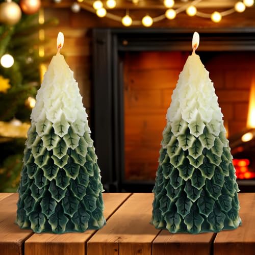MTLEE 2 Pcs Christmas Tree Candles with Gradient Style - Decorative Holiday Table Decor