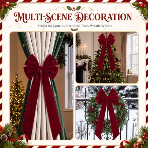 6 Pack Burgundy Velvet Christmas Bow Set 15x31 Inches for Holiday Decor