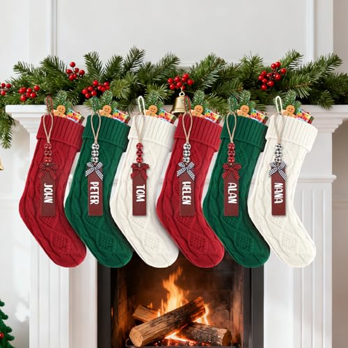 LumaBria 2-Pack 18-Inch Green Cable Knit Personalized Christmas Stockings with Wooden Name Tags