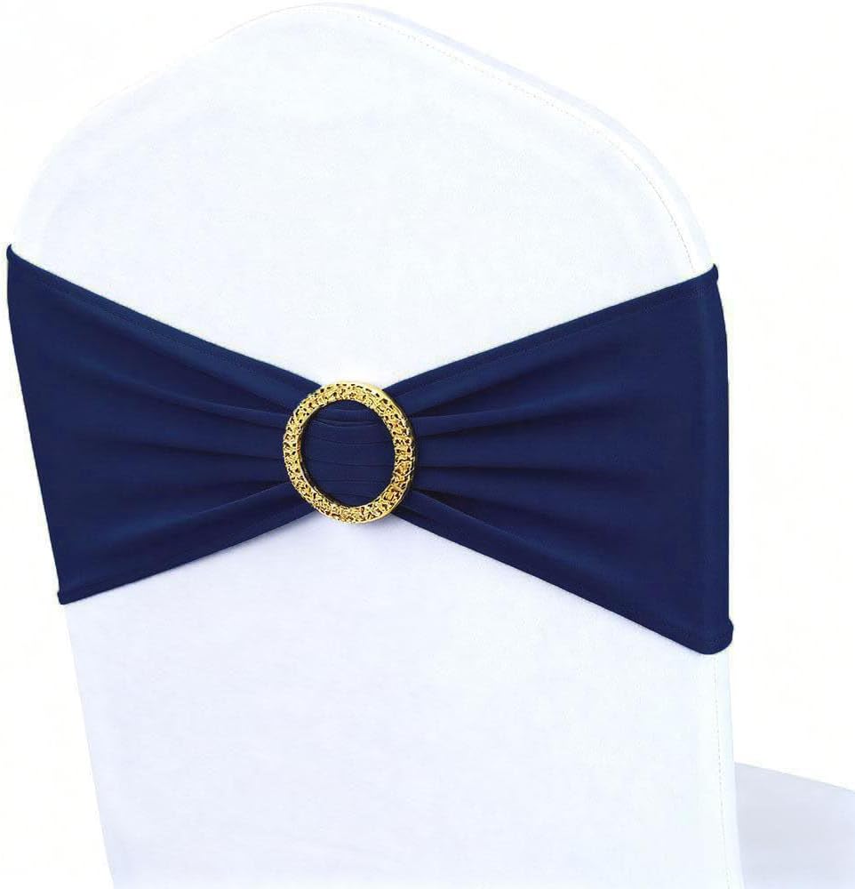 Skiennix 50 Pack Navy Blue Chair Sashes - Spandex Bands with Gold Buckle Slider for Events & Décor