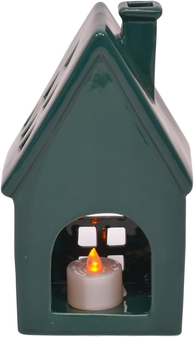 Regine Switzerland Deep Green Porcelain Holiday Tea Light Village House Figurines - Set of 3, 8 Inch