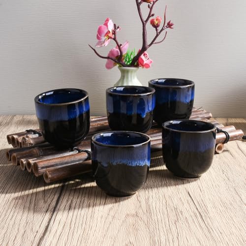 Cerficer Japanese Ceramic Sake Cup Set of 4 - Small Blue & Black 2.04'' Drinking Cups, Traditional Asian Design, Handcrafted for Sipping & Sharing