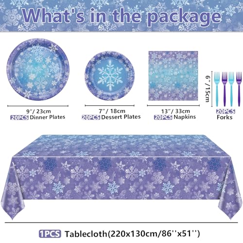QUERICKY Winter Snowflake Party Supplies Set for 20 Guests - Princess & Holiday Decor, Includes Plates, Napkins, Forks, Tablecloth - Variation 81