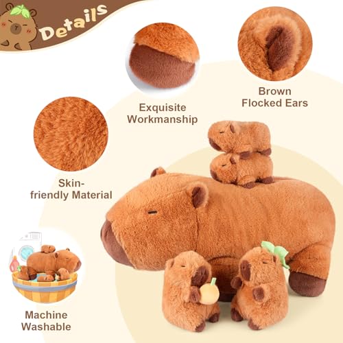 Capybara Plush Family Set: 17-Inch Mommy with 4 Baby Stuffed Animals