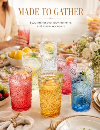Vintage Embossed Gradient Glass Drinking Cups, 13 oz Set of 6