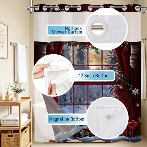 LB No Hook Red Christmas Shower Curtain with Fabric Liner Set - Rustic Holiday Decor