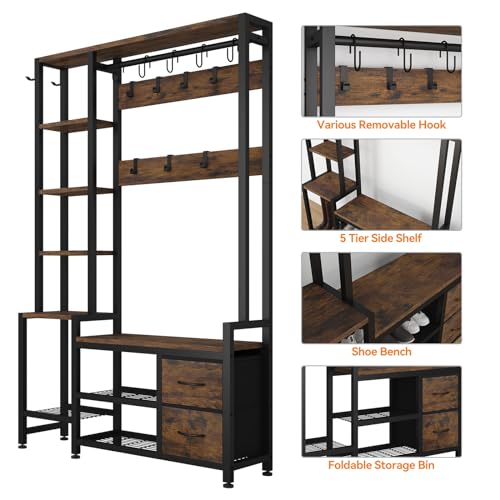 43" Industrial Hall Tree with Shoe Bench, Coat Rack, and Storage Drawers