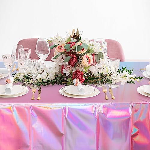 FunnyPars 4 Pack Pink Iridescent Plastic Tablecloths - 54x108 Inch Rectangular Disposable Party Covers for Kpop, Wedding, Birthday, Xmas