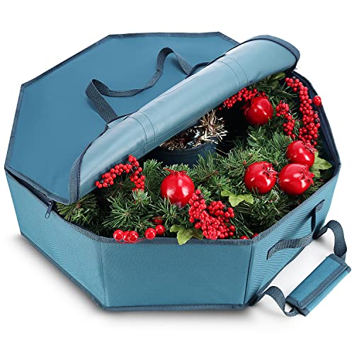 Hard Shell Christmas Wreath Storage Container with Interior Pockets 24 Inch