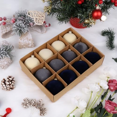12pcs Navy & Blue Velvet Christmas Ornaments 2.4 Inch Holiday Tree Decor