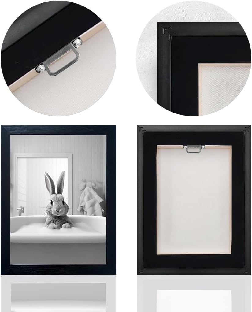 Regine Switzerland Kids Bathroom Decor - Cute Black and White Animal Canvas Wall Art | Funny Rabbit in Bathtub