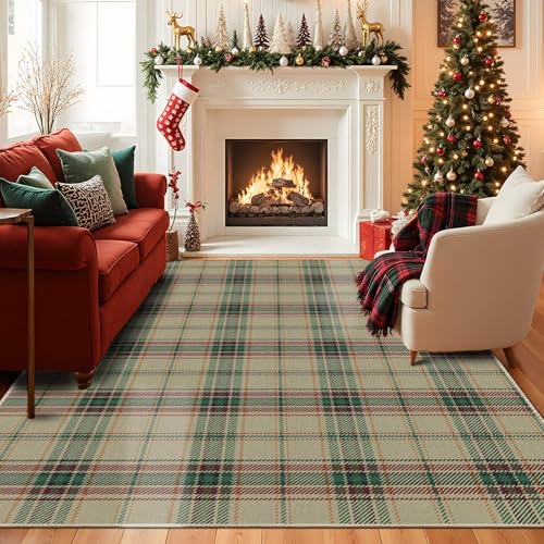 Green Christmas Checkered 5x7 Area Rug - Washable Faux Wool, Non-Slip