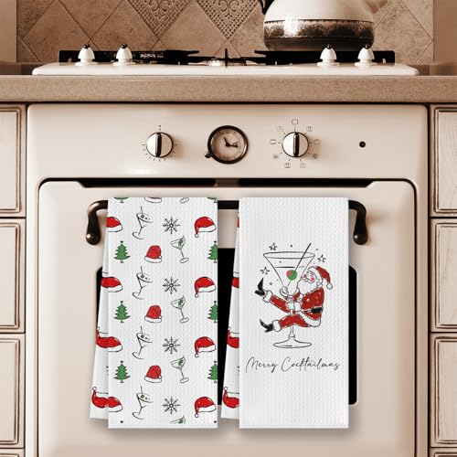 CosxHabitat Santa Cocktail Christmas Kitchen Dish Towels - Set of 2, 16x24 Inches