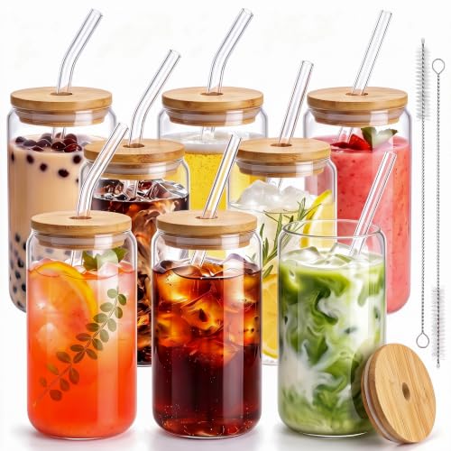 16 oz Glass Can Cups with Bamboo Lids and Glass Straws - 8 Piece Set