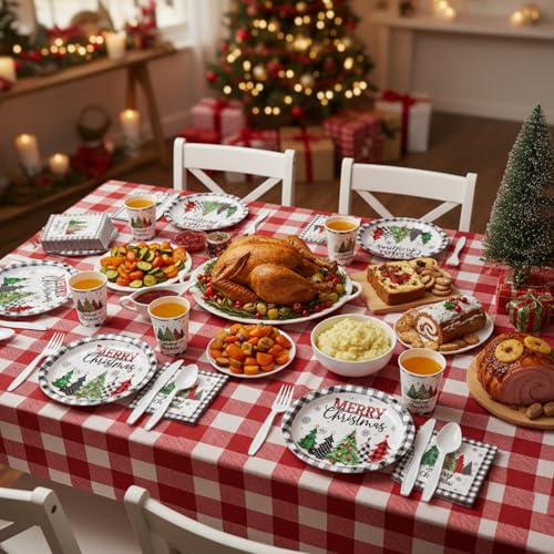 Ziliny Christmas Tree Paper Dinnerware Set with Napkins & Cups, 300 pcs Xmas Party Supplies