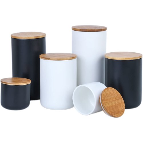 Ceramic Food Storage Jar Canister Modern Design Food Canisters with Airtight Seal Bamboo Lid, Loose Tea Coffee Spice Nuts Snacks Storage Jar Canister (White 7.03oz/200ml)