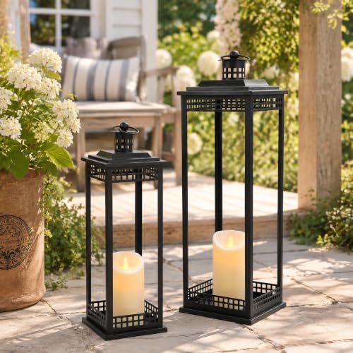 Large Lanterns Decorative Indoor 23in & 17in Black Floor Lanterns with Candles – 2 Pcs