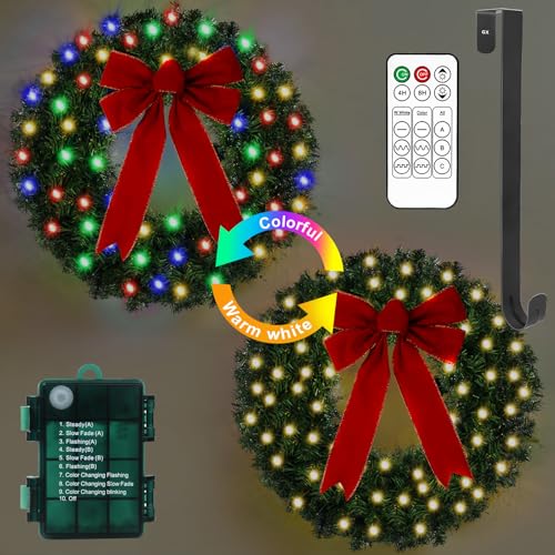 24-Inch Pre-Lit Christmas Wreath with Remote, 50 LED Lights & Red Bow