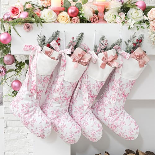 Pink Christmas Stockings Set 4 Pcs 18in Coquette Floral Hanging Decorative Stockings