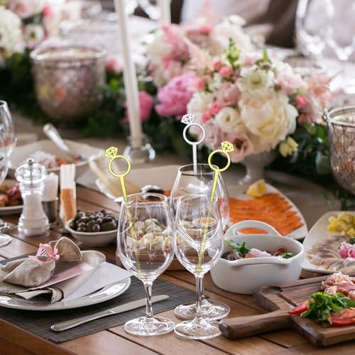 SiliFine 30 Pcs Diamond Ring Drink Stirrers - Golden & Silver Wedding Cocktail Picks
