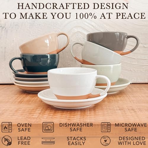 MORA Vanilla White Ceramic Latte Art Mug 10.5 oz with Saucer - Coffee & Cappuccino Cup