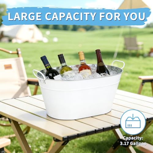 White Galvanized Beverage Tub 3 Gallon Ice Bucket with Handles for Drinks & Parties - SENCOS