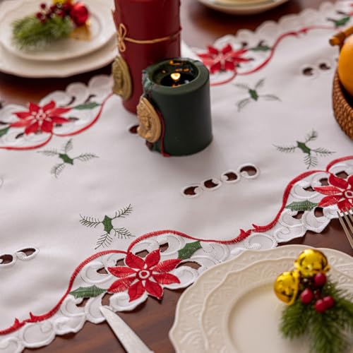 Joyfol Day Christmas Table Runner 14x69 in with Embroidered Poinsettia Holly Candles Bell