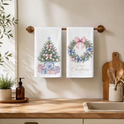 Zewepri Chinoiserie Christmas Kitchen Towels Set of 2 - Pink Bow, 16 x 24 inches (Variation: Pink Bow Christmas Tree)