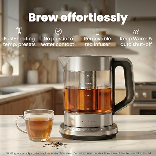 1.5L Electric Tea Kettle with Infuser, Glass & Stainless Steel, No Plastic