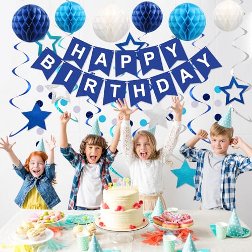 Blue Happy Birthday Party Decorations Set with Banner and Honeycomb Balls