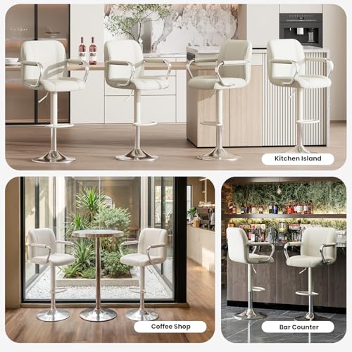 Set of 2 Beige Adjustable Swivel Bar Stools with Backs and Armrests