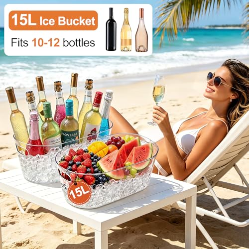 15L Large Ice Bucket for Parties & Events with Scoop - Clear Beverage Tub