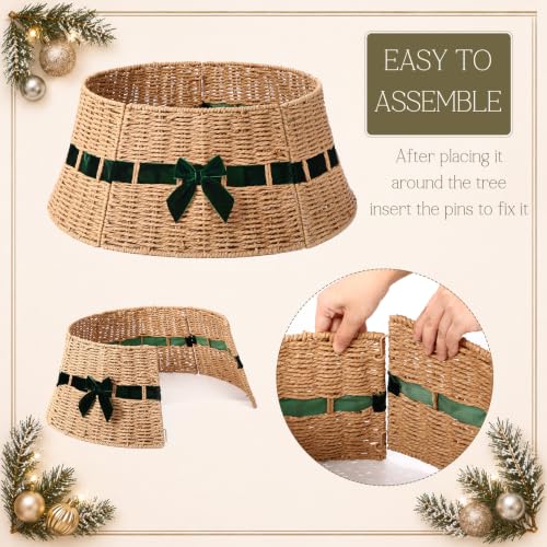 Christmas Tree Collar Basket with Green Bow 23.6'' Wicker Base Cover – Forest Green Velvet