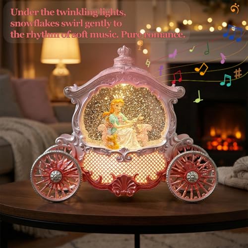 Pink Princess Carriage Musical Snow Globe Lantern with LED Lights & Glitter