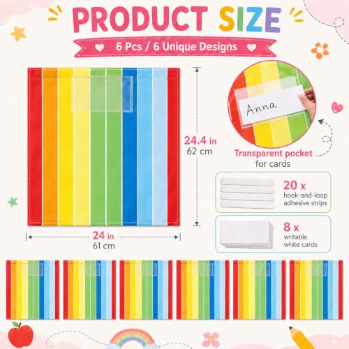 6-Piece Rainbow Classroom Cabinet Curtains for Shelves with Label Pockets