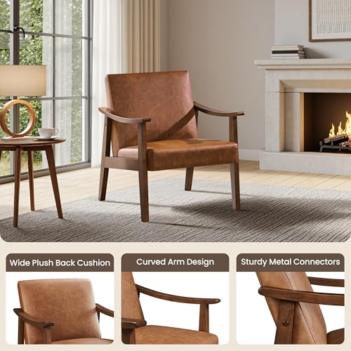 Mid-Century Modern Accent Chair with Brown Faux Leather and Wood Legs