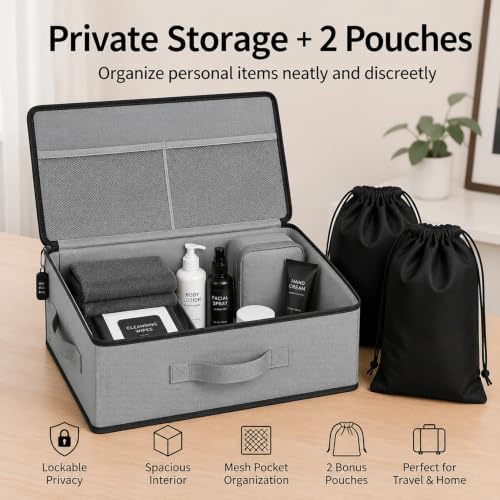 Lockable Privacy Storage Box with Combination Lock and 2 Soft Bags, Gray