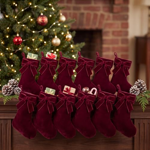 12-Pack Burgundy Velvet Christmas Stockings - Mini 9'' Burgandy Xmas Stocking Ornaments